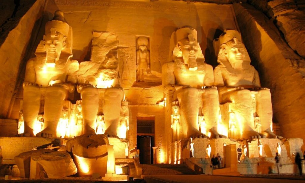 The Colossus of Ramses II after the beautiful sound and light show in Abu Simbel in Egypt