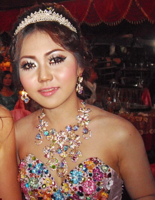 The beautiful Khmer bride with beautiful princess clothes and jewels but totally drunk
