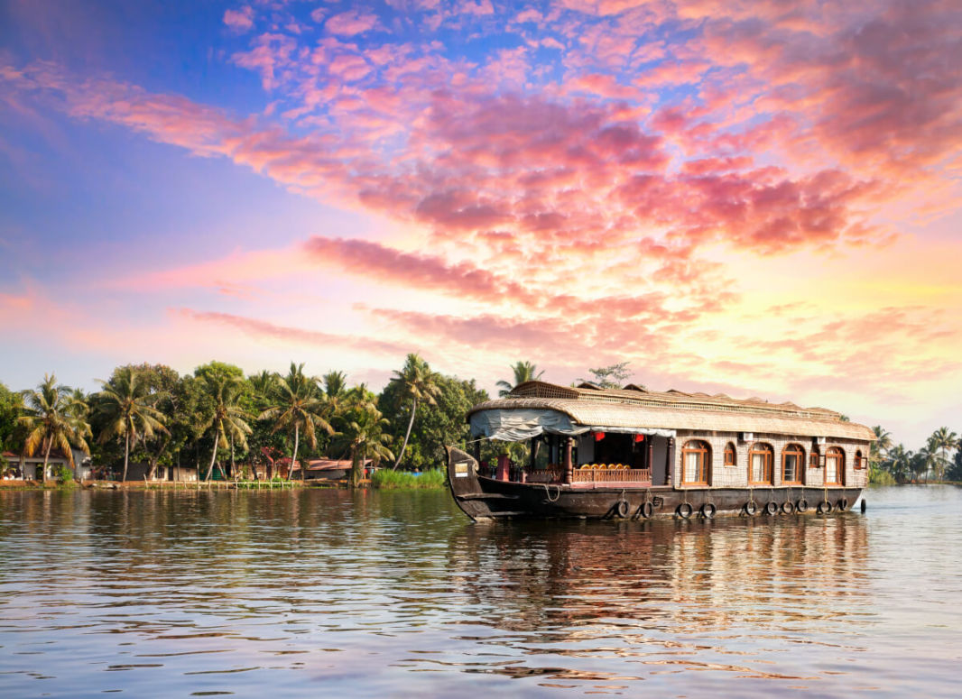 Houseboat on the Kerala backwaters at sunset