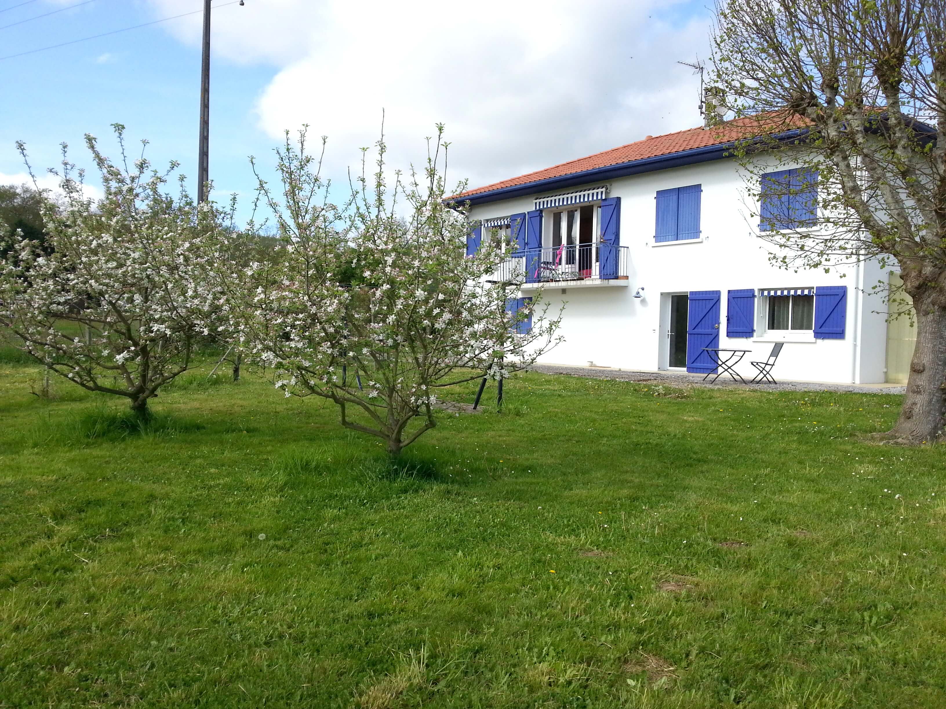 the white and blue house seen from the orchard