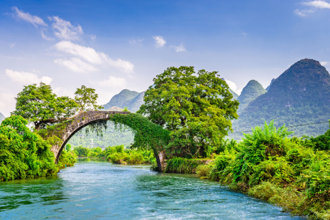 The dragon bridge, Li River and karst peaks