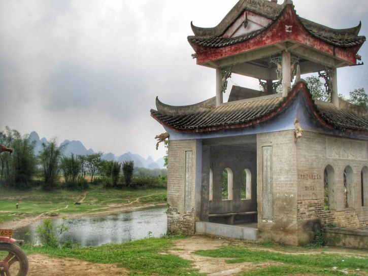 A Ming building and karst peaks along Li River