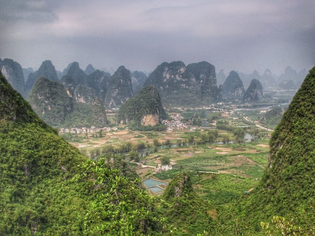 Karst peaks of Yangshuo county and Li River from Moon Hill