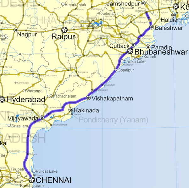 Localisation de Vishakapatnam par rapport à Chennai, Bhubaneswar, l'Orissa et le Bastar