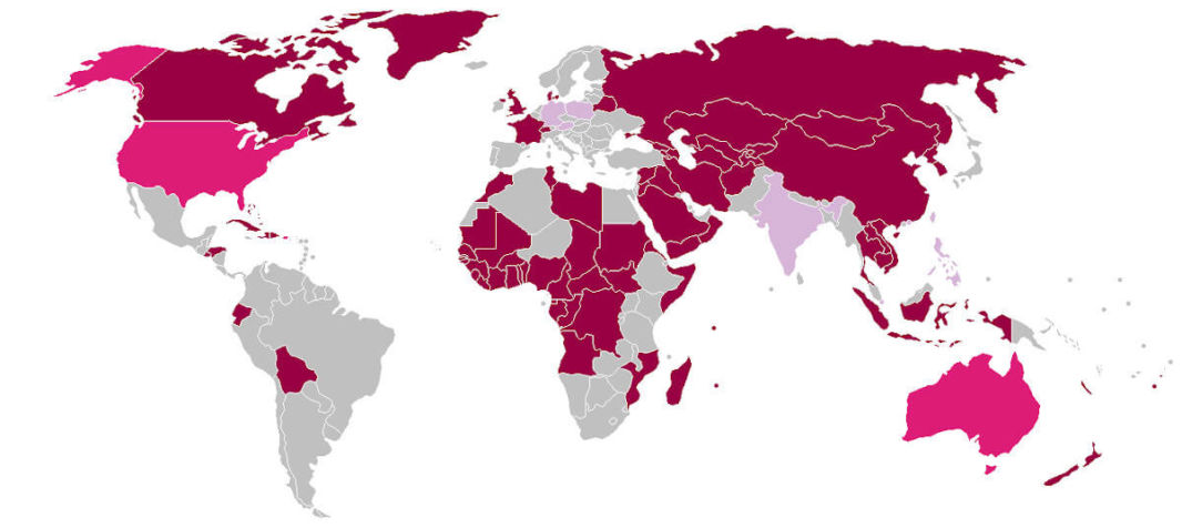 Map of the world showing countries where dog food is prohibited, legal or partially legal