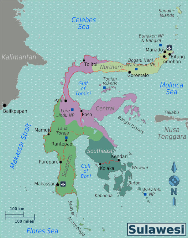 Carte de Sulawesi avec les principales villes et provinces