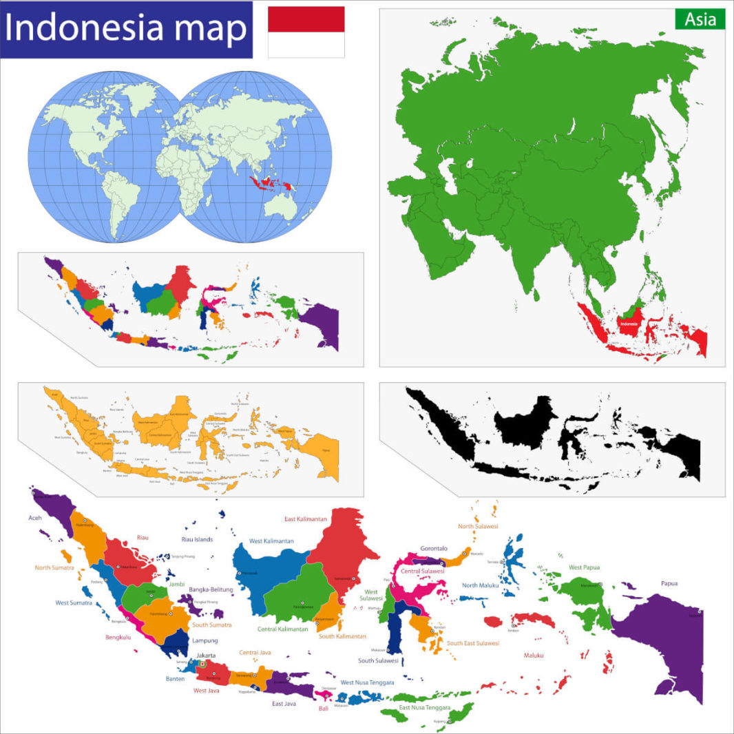 Map of Indonesia in the world, in Asia and the Indonesian islands