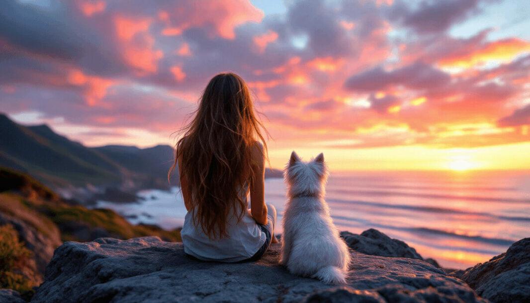 Une femme et un westie assis sur un rocher face à l'océan Atlantique, regardant un coucher de soleil flamboyant sur la côte basque. Derrière eux, les montagnes verdoyantes des Pyrénées se dessinent à l’horizon