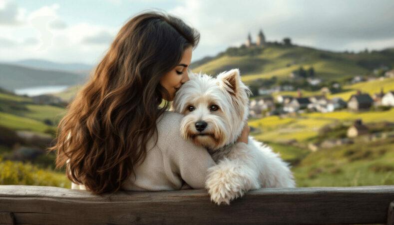 Une femme assise sur un banc en bois face à la Rhune, câlinant son westie. Autour d’elle, des paysages vallonnés, des maisons basques traditionnelles et quelques pèlerins en route pour Saint-Jacques-de-Compostelle