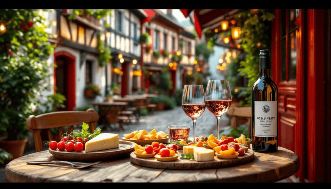 Une table en bois sur une terrasse d’un restaurant basque, garnie de pintxos colorés, de fromage de brebis Ossau-Iraty, et d’un verre d’Irouléguy. En arrière-plan, une ruelle pavée bordée de maisons basques à colombages rouges et blancs