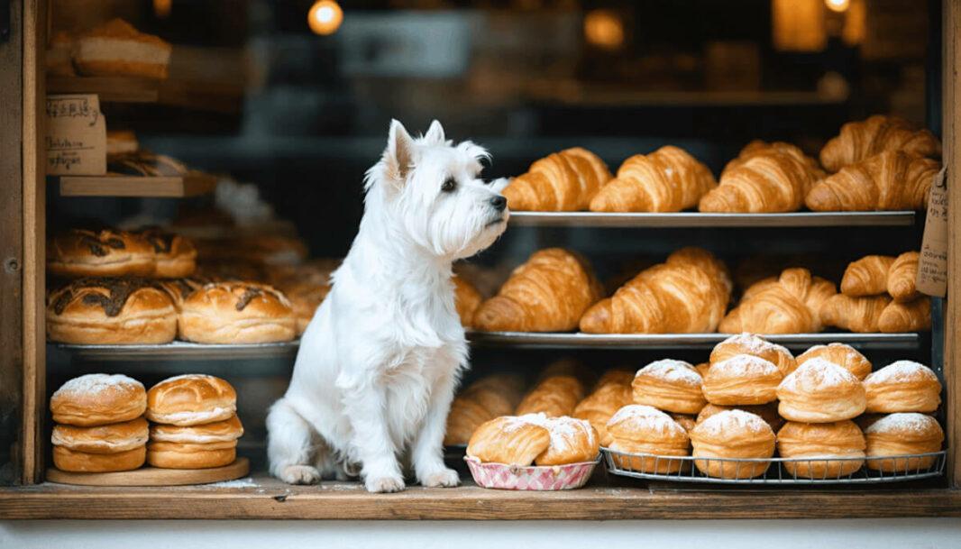 Un westie blanc assis devant une boulangerie basque traditionnelle, regardant la vitrine remplie de gâteaux basques et de croissants avec un regard suppliant. L’ambiance est chaleureuse et gourmande, la lumière du matin éclaire joliment la scène