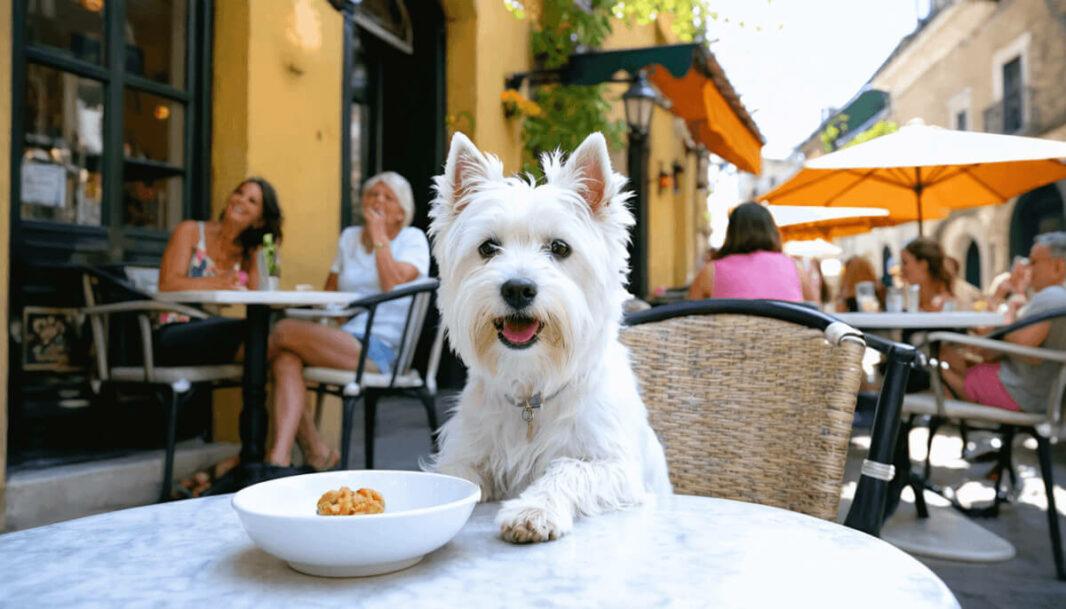 Un westie blanc espiègle confortablement installé sur une chaise de terrasse dans un café basque ensoleillé. À côté de lui, une gamelle d’eau et une petite friandise sur la table. Des clients autour sourient en le regardant, ambiance chaleureuse et conviviale