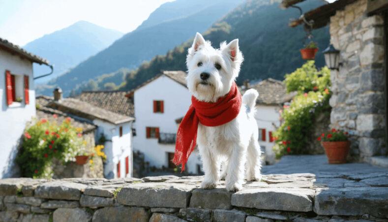 Un westie blanc espiègle, debout sur un muret en pierre dans un village basque pittoresque, portant un foulard rouge et regardant au loin comme un guide touristique. L'arrière-plan montre des maisons blanches aux volets rouges et des montagnes en fond. Ambiance lumineuse et chaleureuse, comme une belle journée d’été