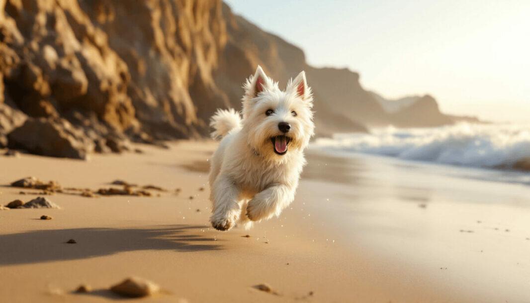 Un westie espiègle courant sur une plage sauvage du Pays Basque, avec des falaises rocheuses en arrière-plan, des vagues de l'Atlantique s’écrasant sur le rivage, et un ciel légèrement doré par le soleil.