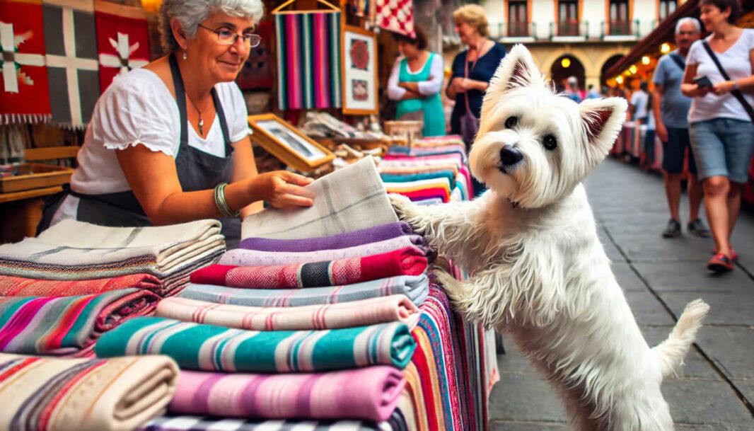 Un westie blanc espiègle devant un étal de linge basque coloré, posant une patte sur un tissu en lin comme s'il négociait avec l’artisan. L’ambiance du marché est vivante, avec des passants et des stands en arrière-plan