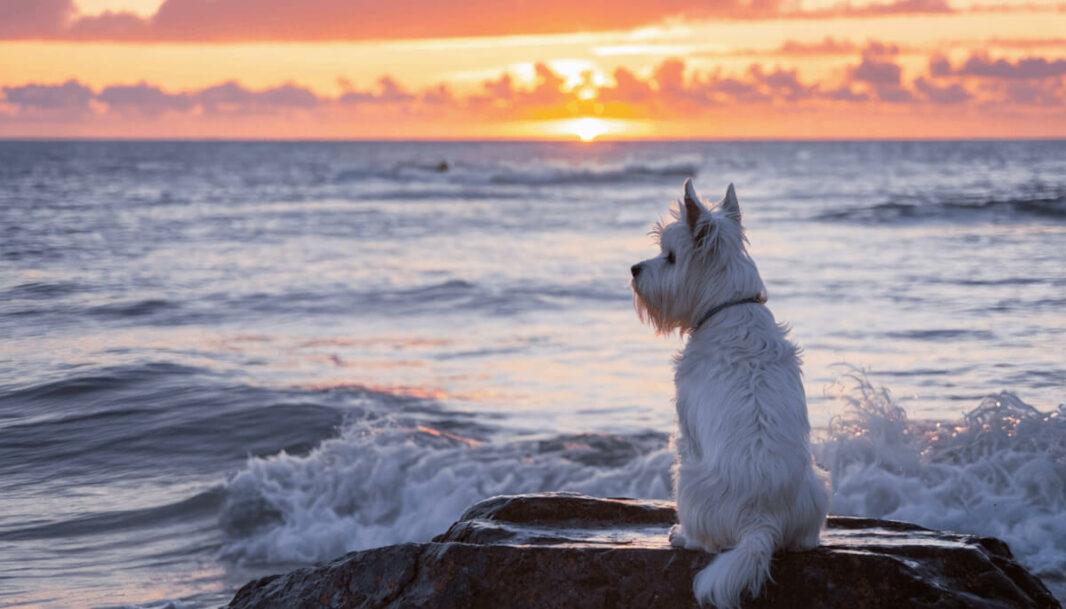 Un westie blanc assis sur un rocher au bord de l’océan Atlantique, regardant un magnifique coucher de soleil. Le ciel est teinté de rose, d’orange et de doré, l’ambiance est paisible et contemplative