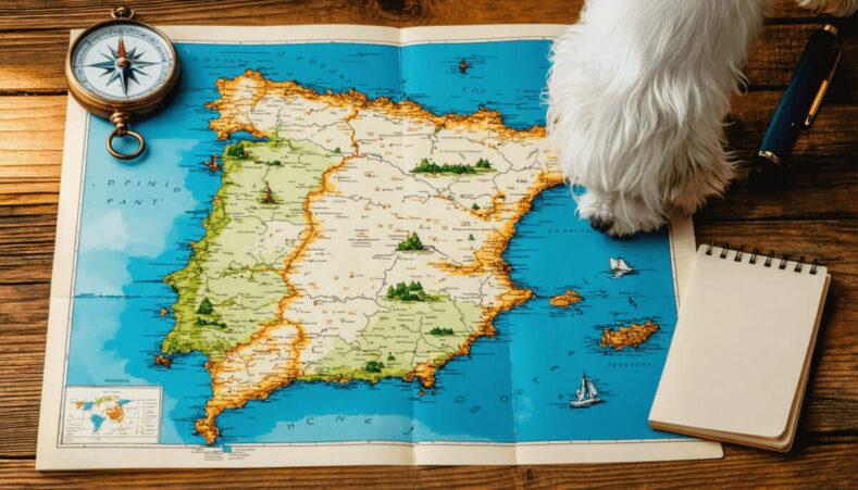 Une carte de l'Espagne et du Portugal, une boussole, un carnet et un westie curieux