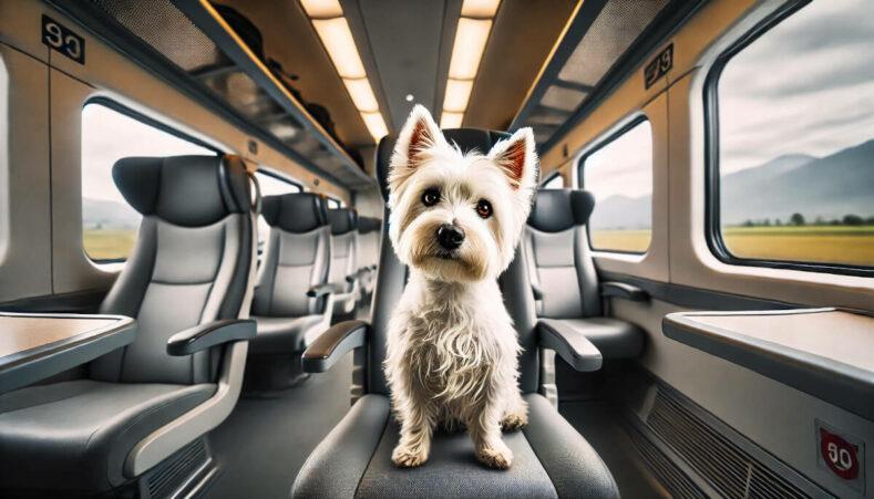 un Westie espiègle assis dans un train moderne, avec un air fier et un paysage italien flou en arrière-plan