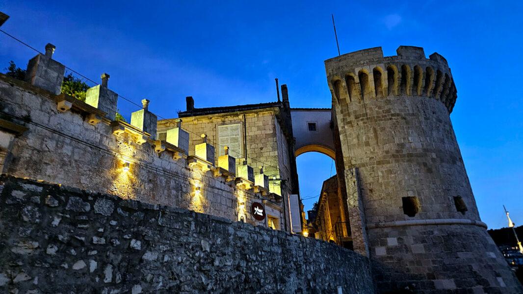 Korcula walls and tower by night