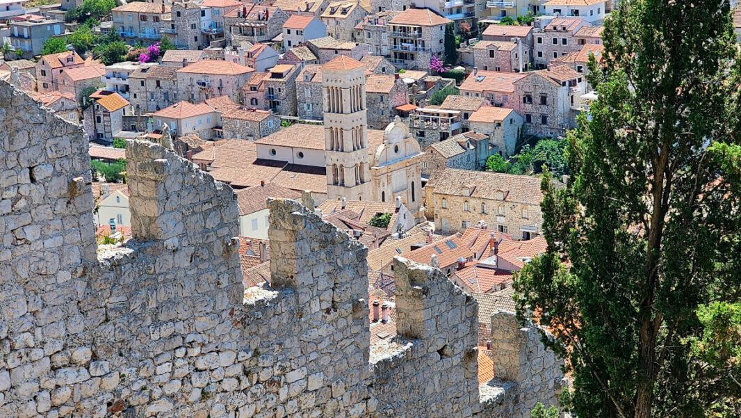 View of the roofs and bell towers of Hvar from Fortica